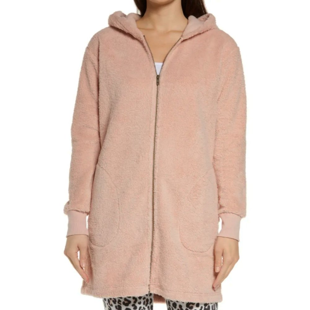 NEW BP. Women Fuzzy Blush Light Rose Sweater Dress Long Zip Comfortable Hoodie - Picture 2 of 5